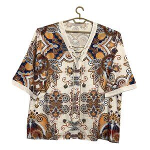 VGT-Inspired Multicolor Paisley Short-Sleeve Blouse With Lace-Up Neckline 3XL